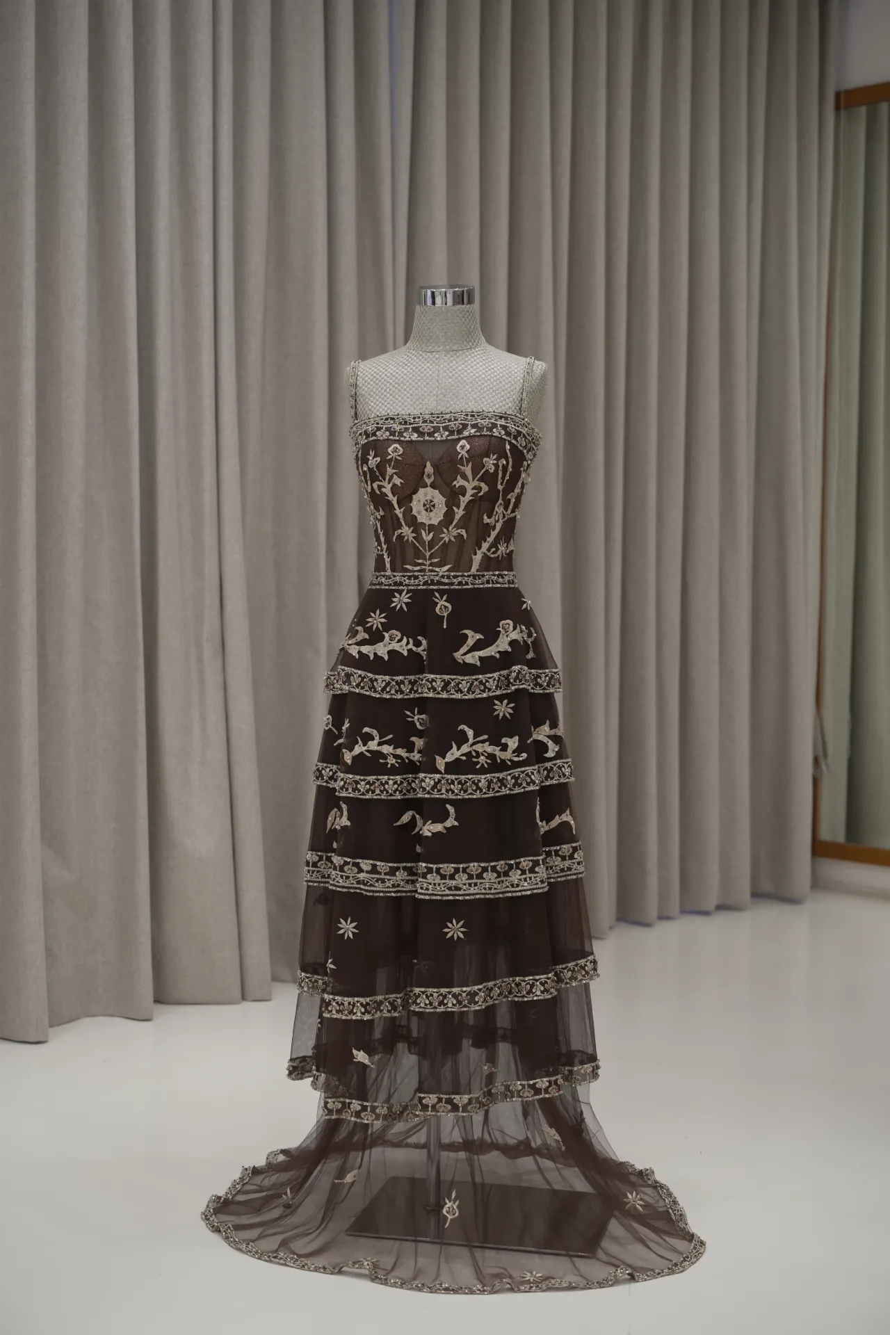 Amelia - Embroidery Party Dress in Espresso Brown