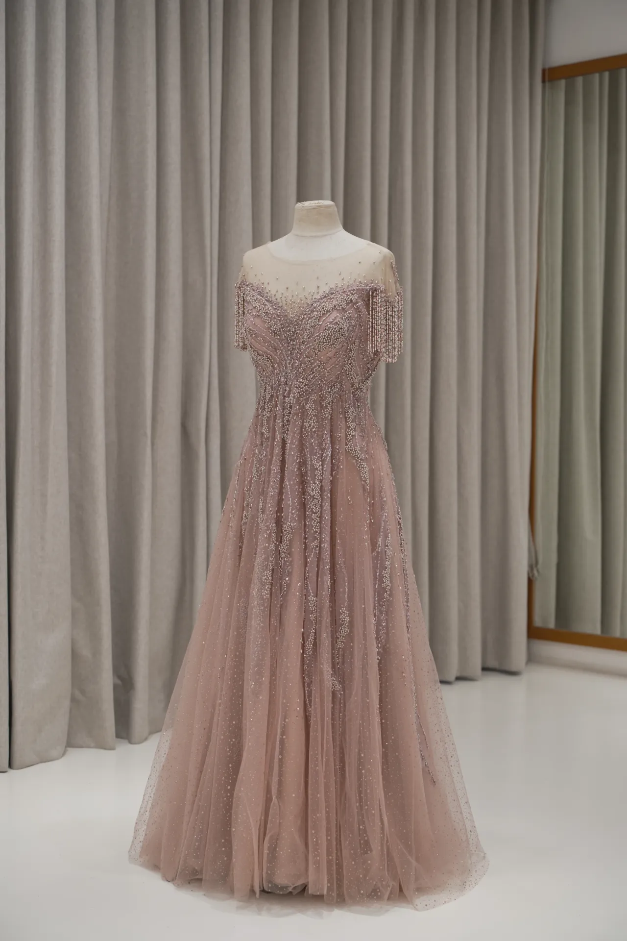 Rani - Rose Gold Off Shoulder Tulle Party Dress with fringes