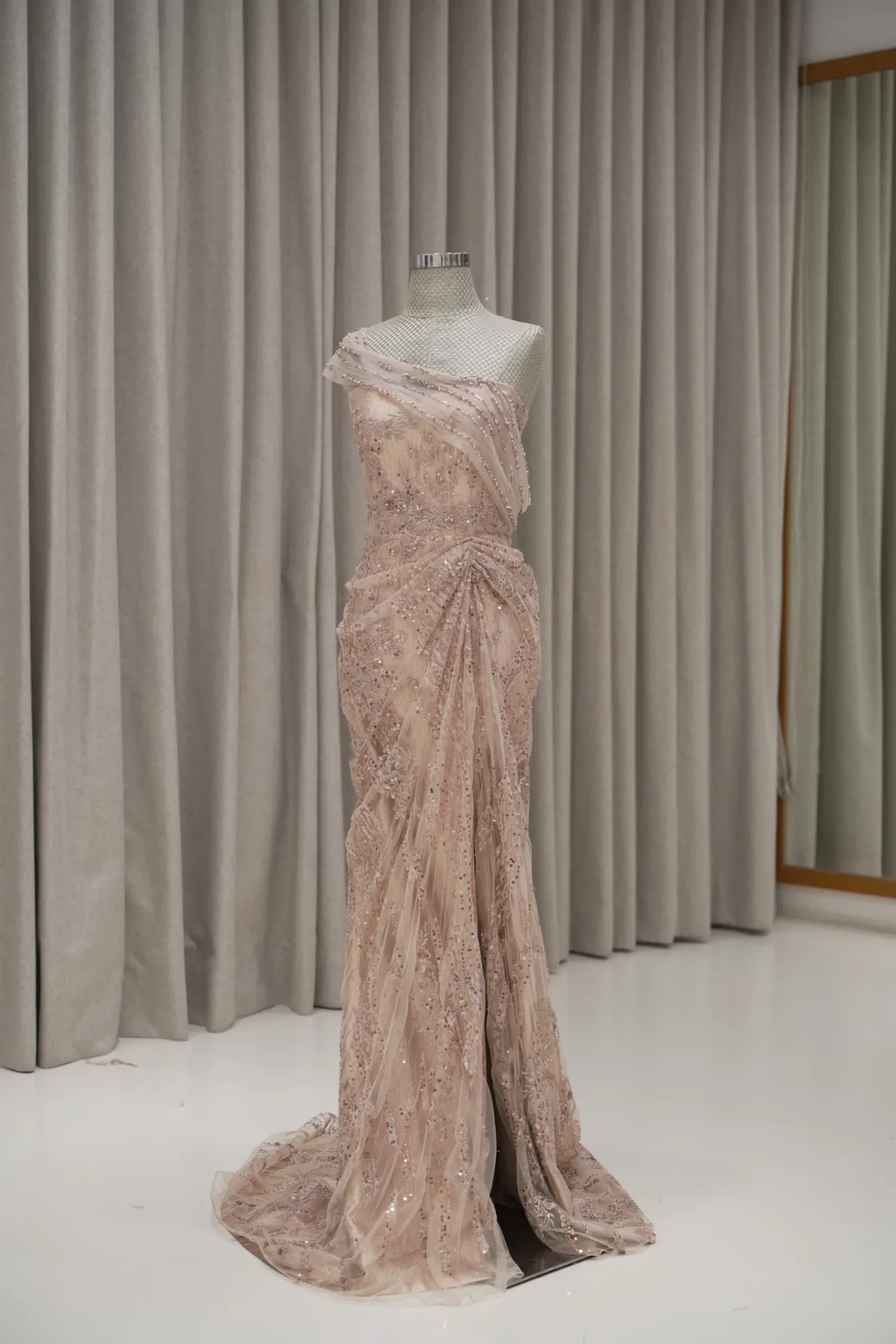 Sarina - Rose Gold Off Shoulder Drape Party Dress