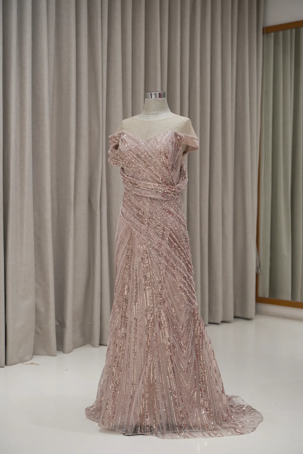 Diana - Rose Gold Off Shoulder Dress