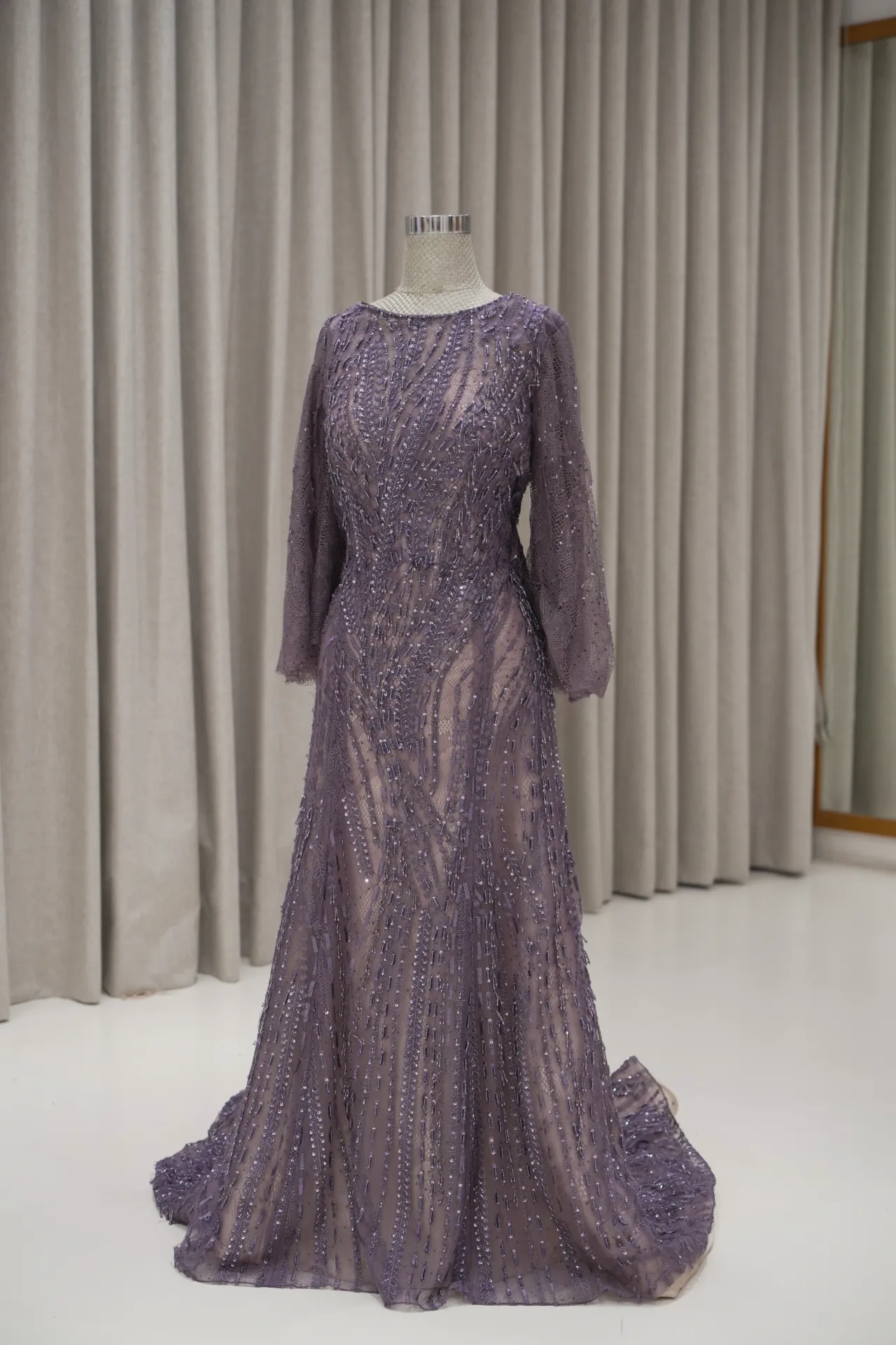 Karina - Purple Puff Sleeves Beaded Party Dress
