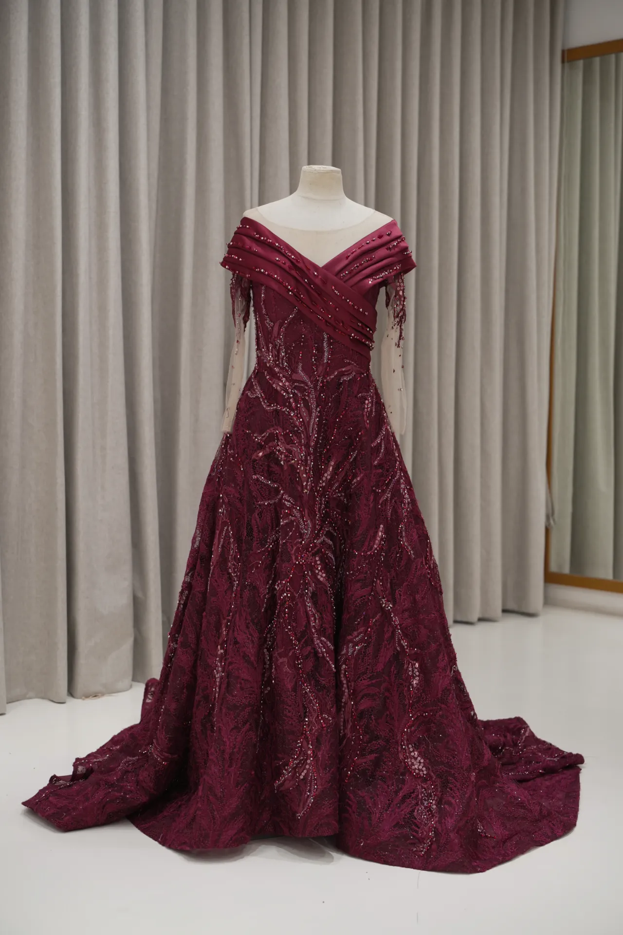 Lina - Red Off Shoulder Beaded Party Dress