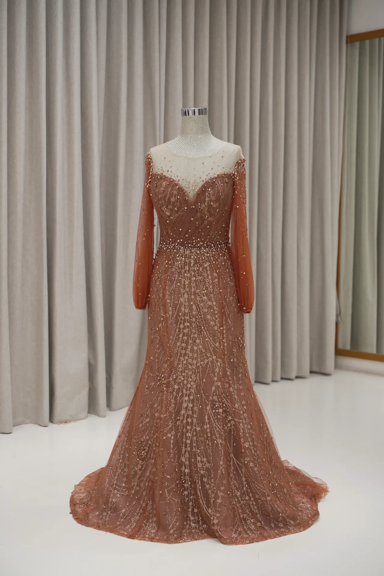 Jessica Tannia - Puff Sleeves Teracotta Beaded  Party Dress