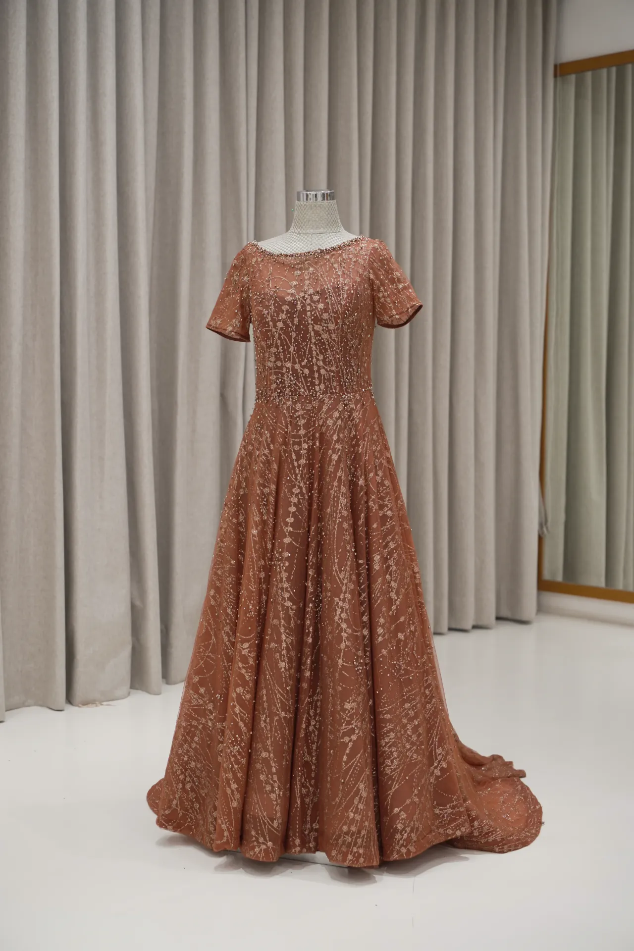 Lisa Tannia - Short Sleeves Beaded Teracotta Dress