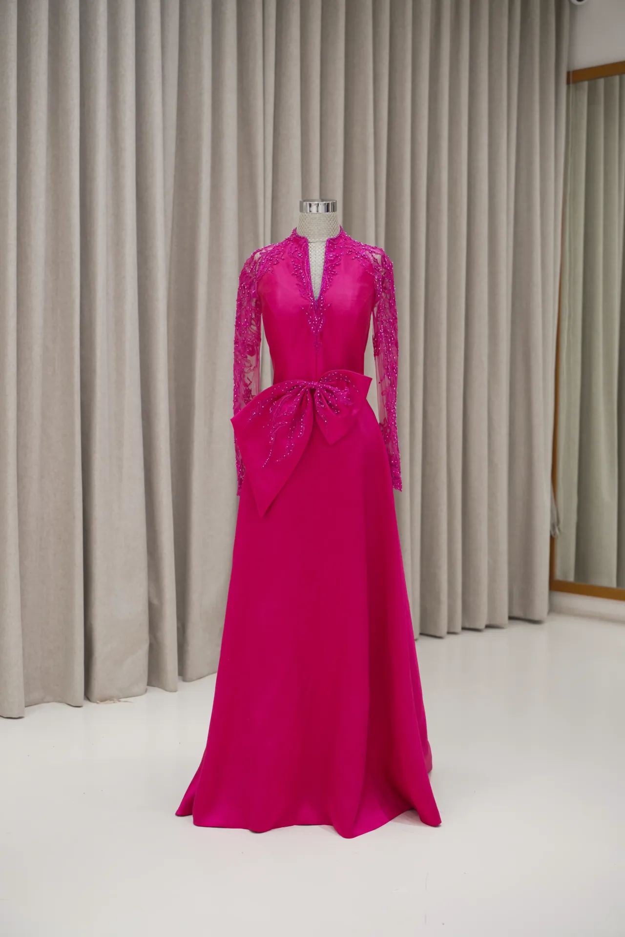 Renata - Fuchsia Long Sleeves Plain Party Dress