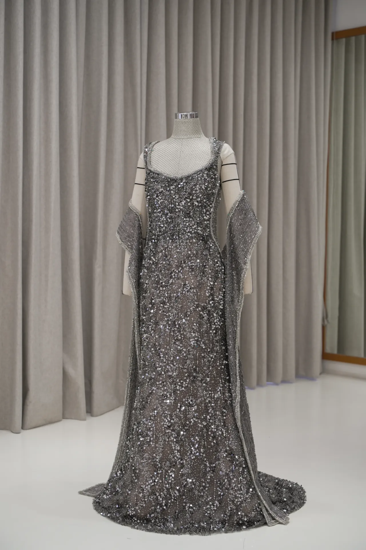 Julia Angelica - Box Gunmental Grey Beaded Party Dress with Shawl