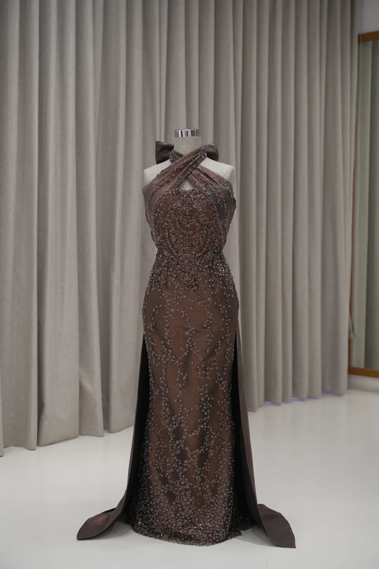 Michella - Espresso Brown Beaded Jacquard  Party Dress