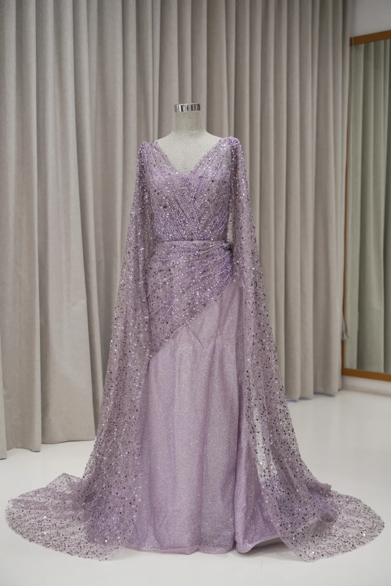 Mama Regina - Lilac Purple V Neck Party Dress with Cape