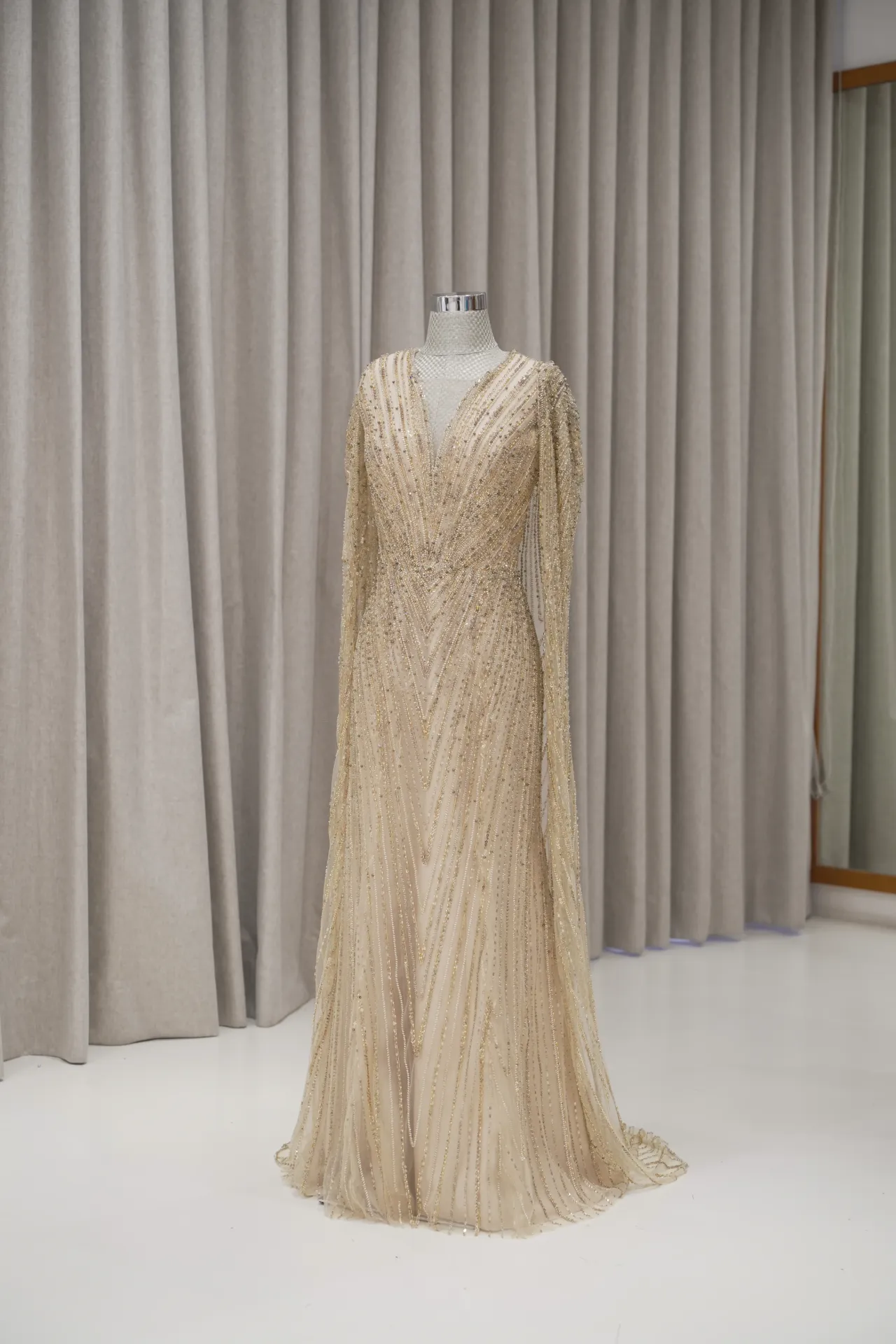 Lany - Champagne Gold V Neck Party Dress with Cape