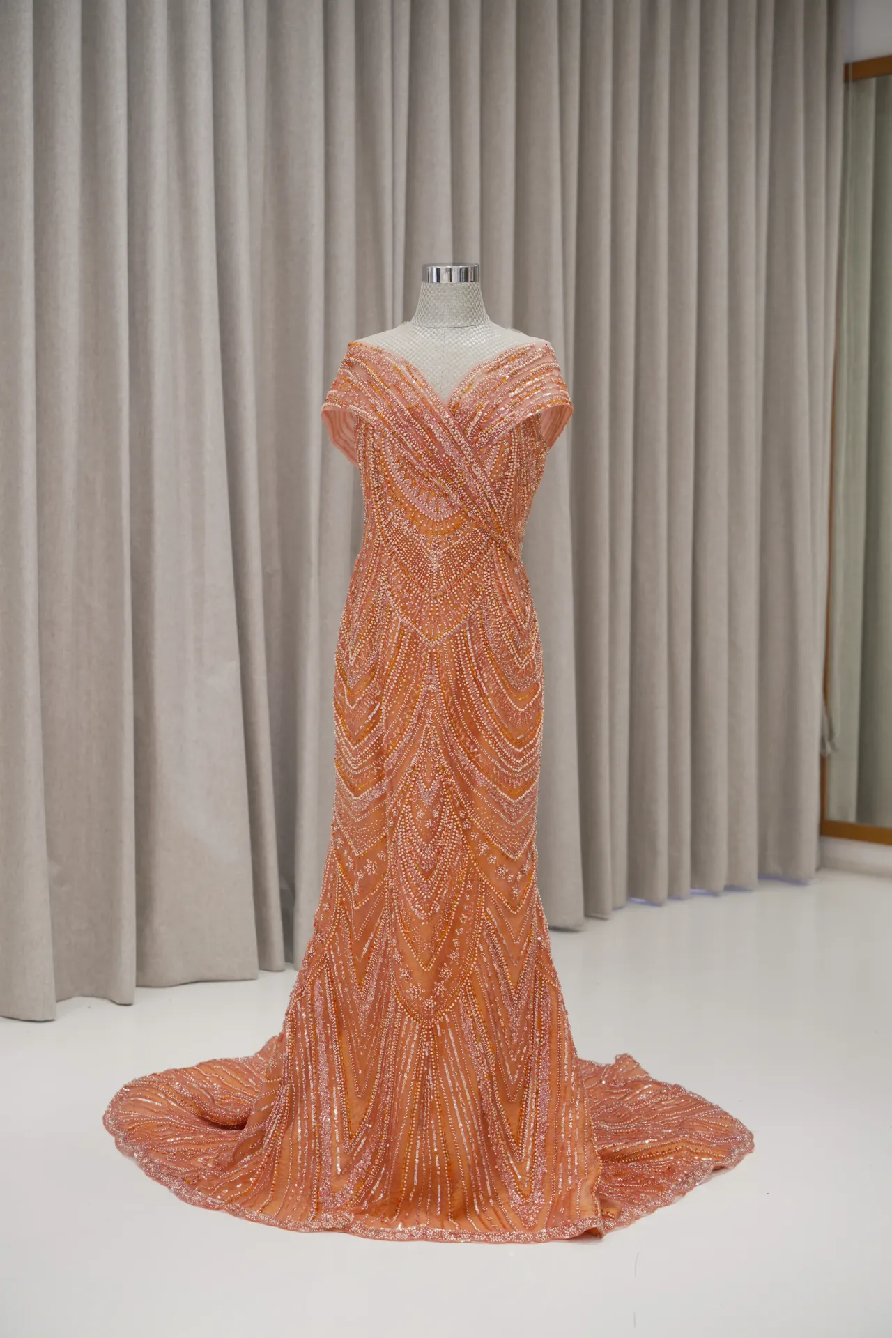 Ria - Orange Off Shoulder Beaded Jacquard Party Dress