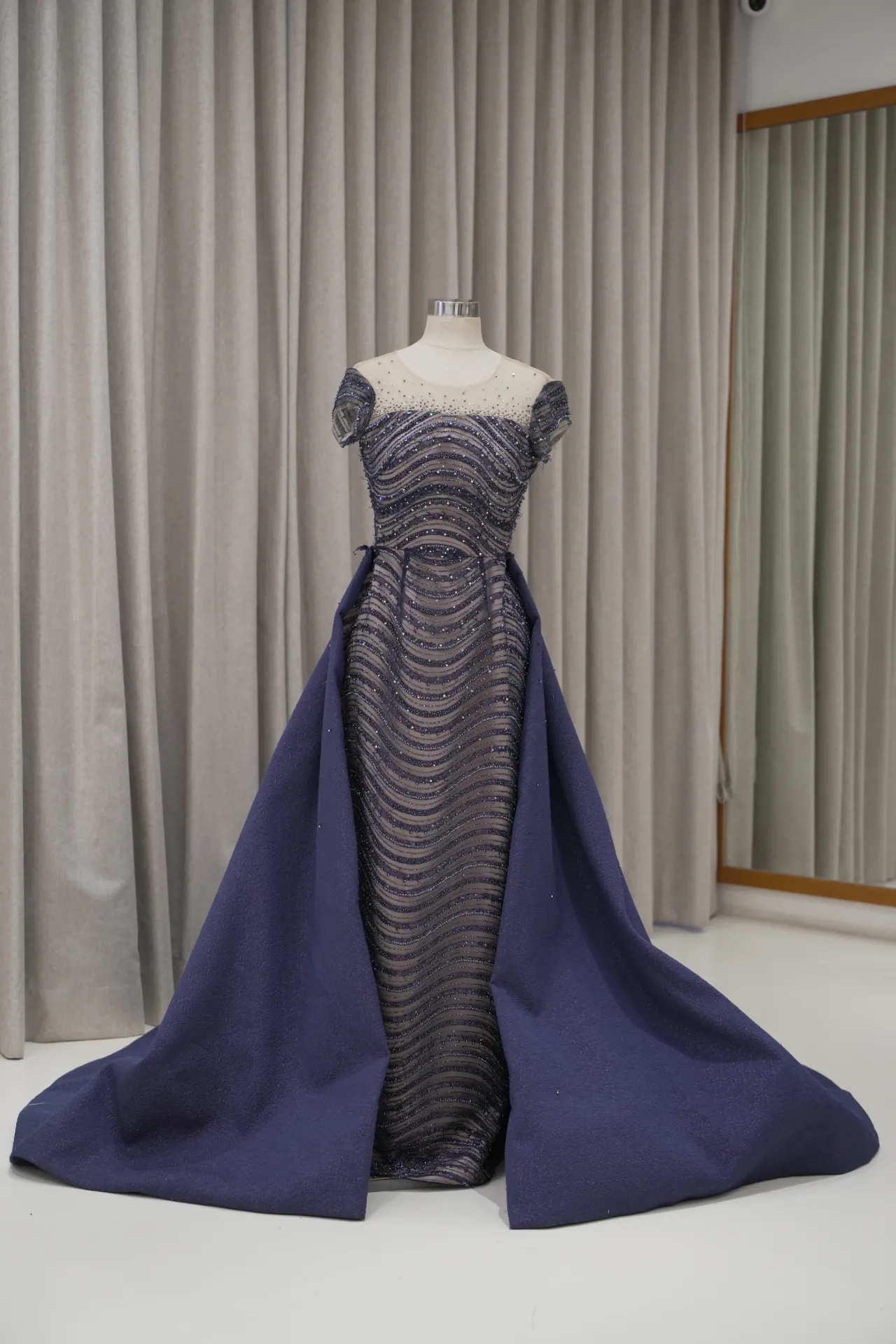 Lina - Navy Blue Beaded Party Dress with Detachable Skirt