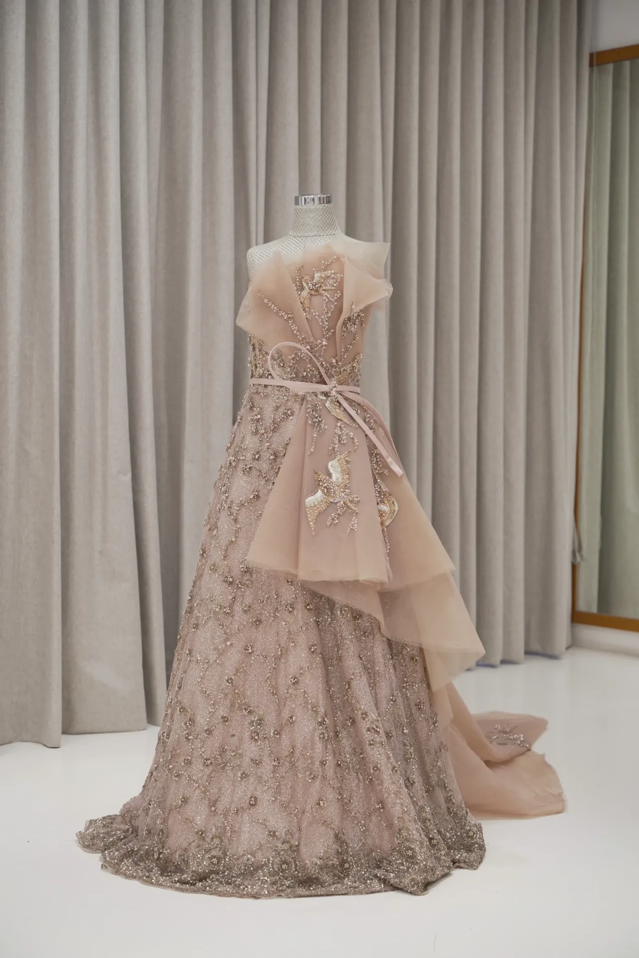 Tasya - Rose Gold Crinoline Embroidered Party Dress