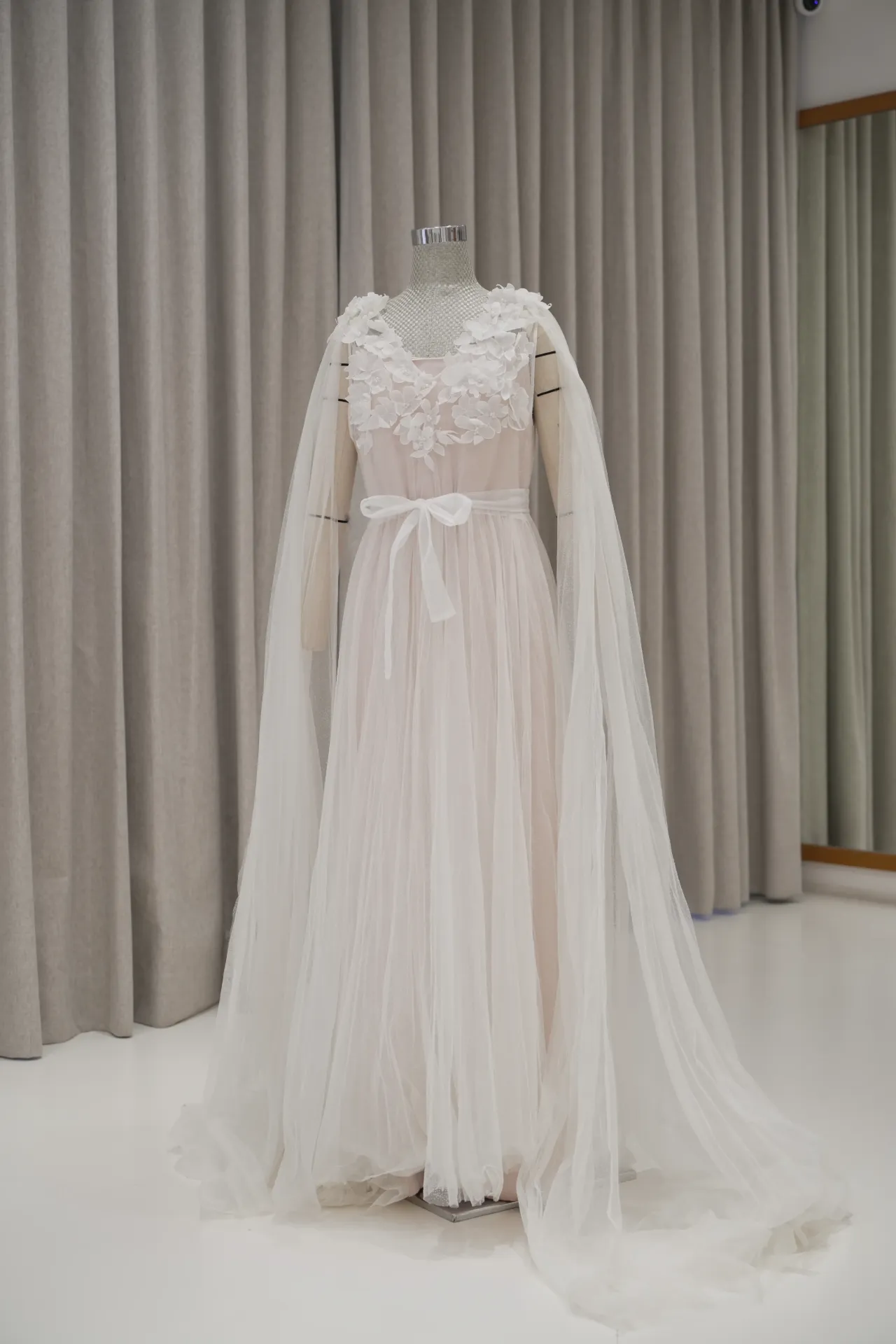 Jessica - Floral Cape Robe with Pleated Dot Tulle