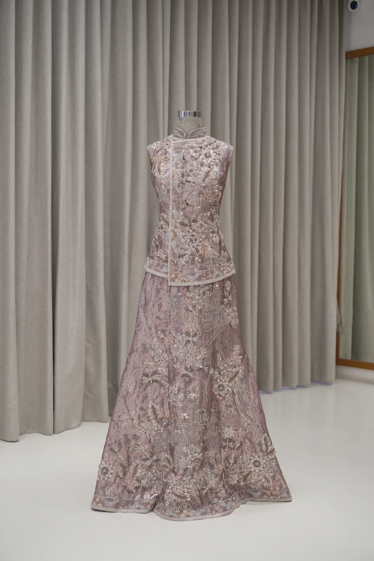 Yinfy - Bronze Beaded Cheongsam Top and Skirt