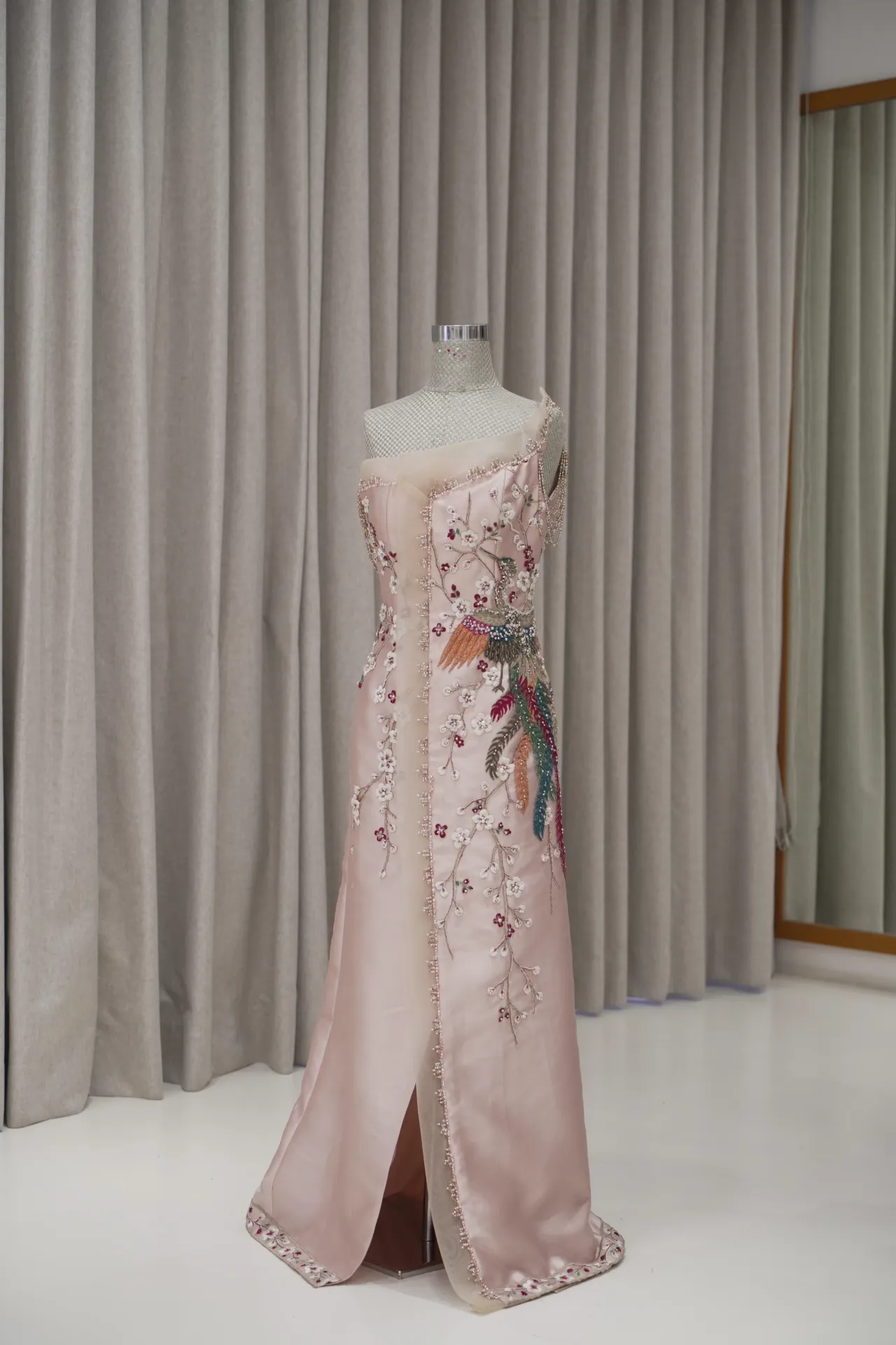 Asymmetrical Rose Gold Cheongsam with Phoenix