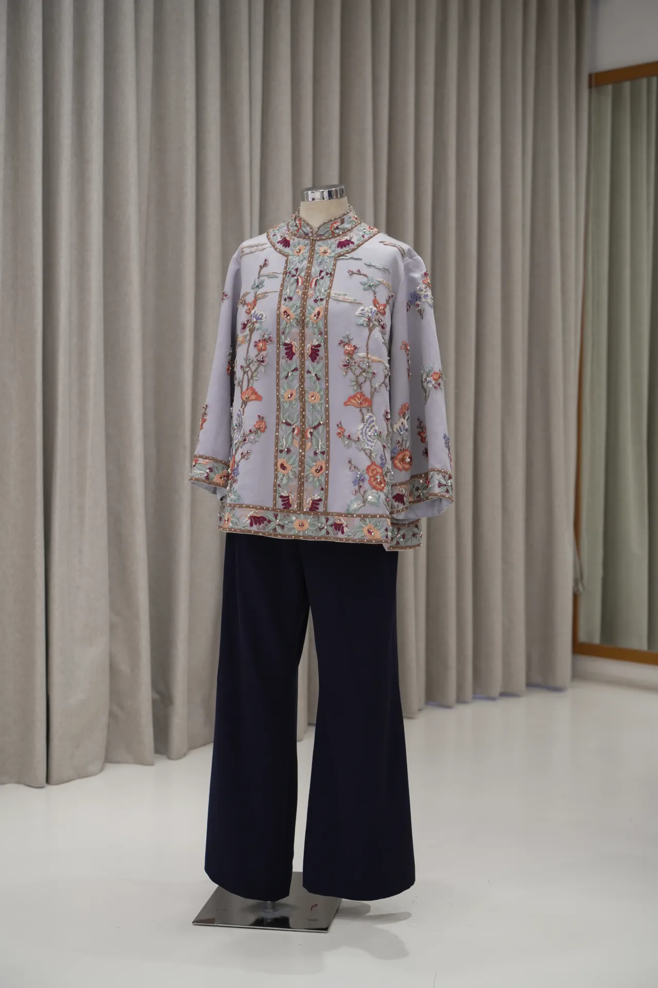 Dusty Blue Cheongsam Top with Sleeves and Navy Blue Cullottes