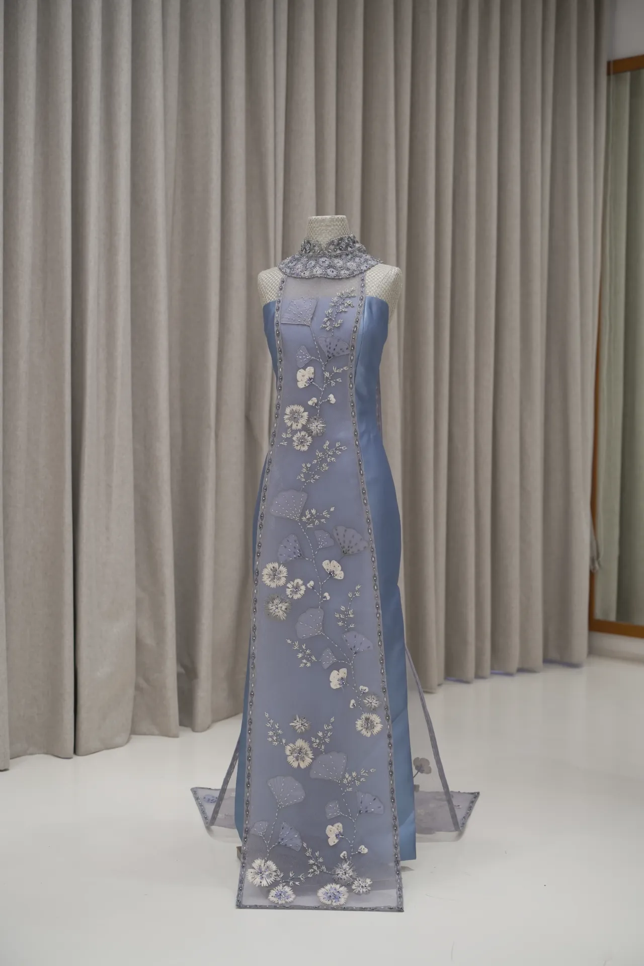 Caroline - Blue Gingko Cheongsam Outer with Blue Tube Inner Dress