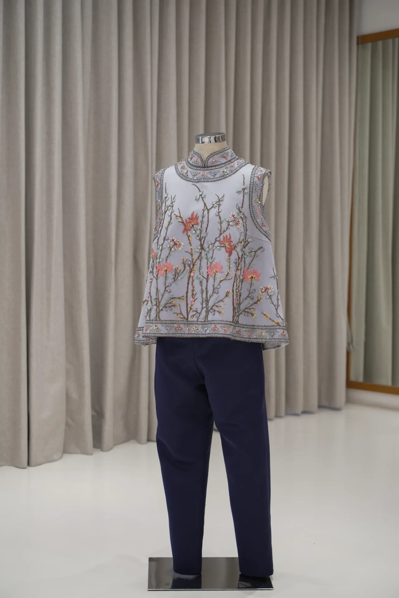 Dusty Blue Embroidered Sleeveless Cheongsam Top with Navy Blue Pencil Pants