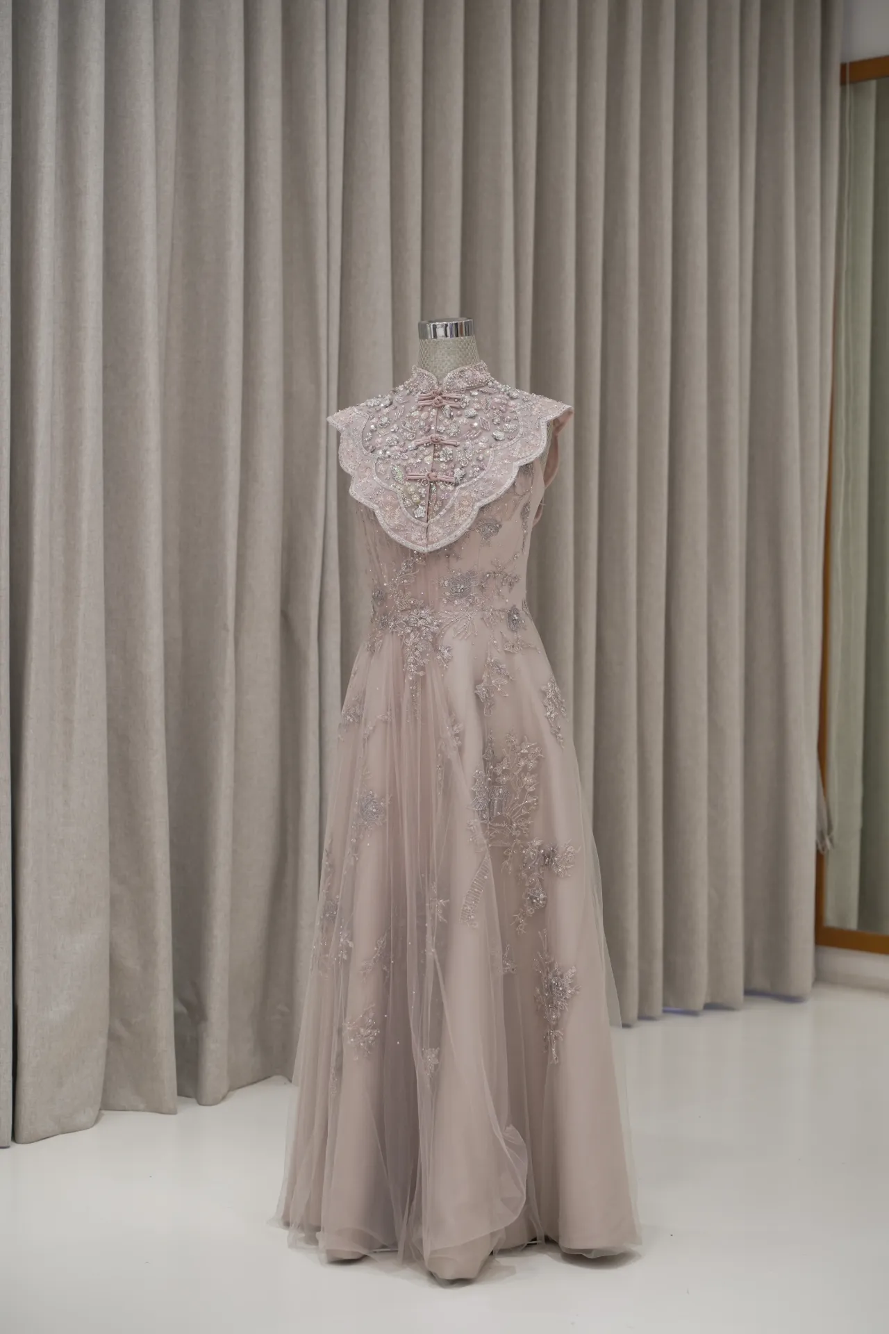Angelica - Rose Gold Tulle Cheongsam with Detachable Collar